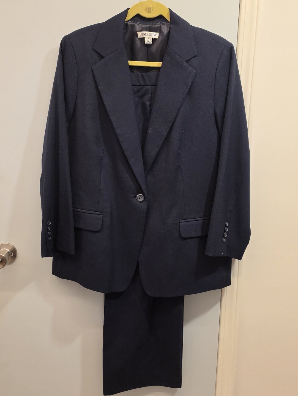 Vintage Pendleton Wool Pantsuit Women 16 Navy Blue Blazer Trouser Set Made USA